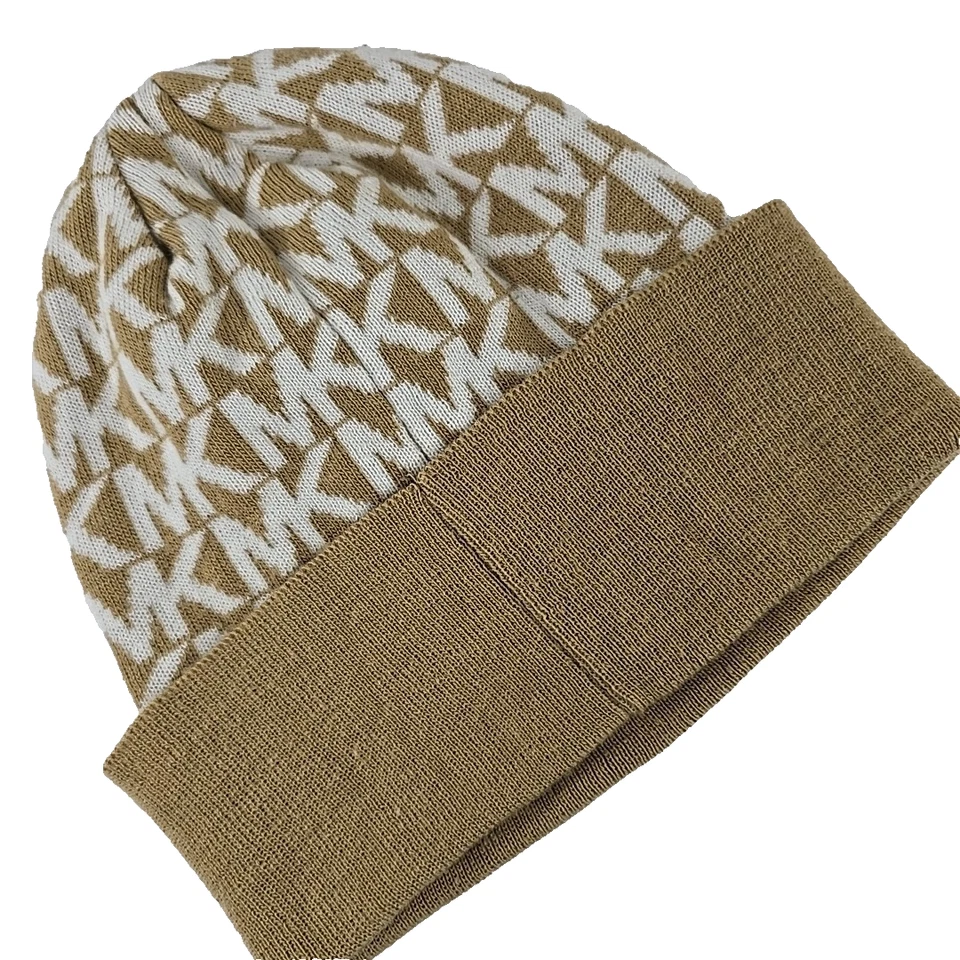 MICHAEL KORS Mujer Gorro Invierno Sombrero MK Logo Estampado Completo Talla Única BLANCO BRONCEADO Foto 2 de 4