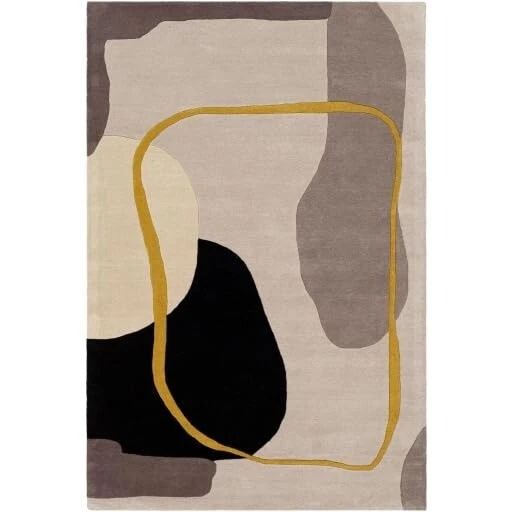 Modern Hand Tufted Wool Area Rug Abstract Geometric Design Grey Cream Yellow Rug - Image 4 of 4