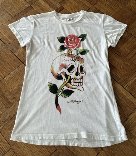 Don Ed Hardy Skull Rose Baby T-Shirt Gently Used Größe Medium weiß Y2K Damen - Bild 3 von 10