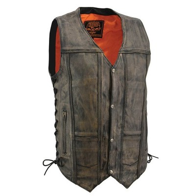 Men's Motorcycle Vest Roulette Distressed Brown 10 Pocket Vest MLM3540