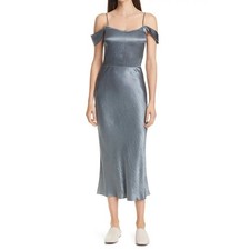 VINCE  NWT  L  Silvery Blue Crinkled Satin Shoulder Strap Midi Slip Dress