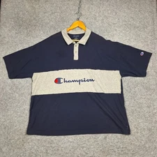 Champion Athletics Polo Shirt Mens 2XL Blue Color Block Spellout Y2K Short Sleev