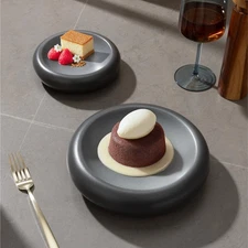 Chunky Dinner Plate 2-Piece Set - Charcoal Black Non-Toxic Porcelain - Deep S...