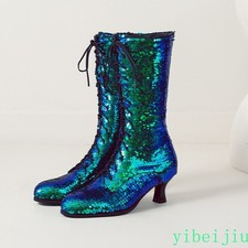 Women's Mid Kitten Heel Calf Sequins Short Boots Glitter Shoes Performance Stage