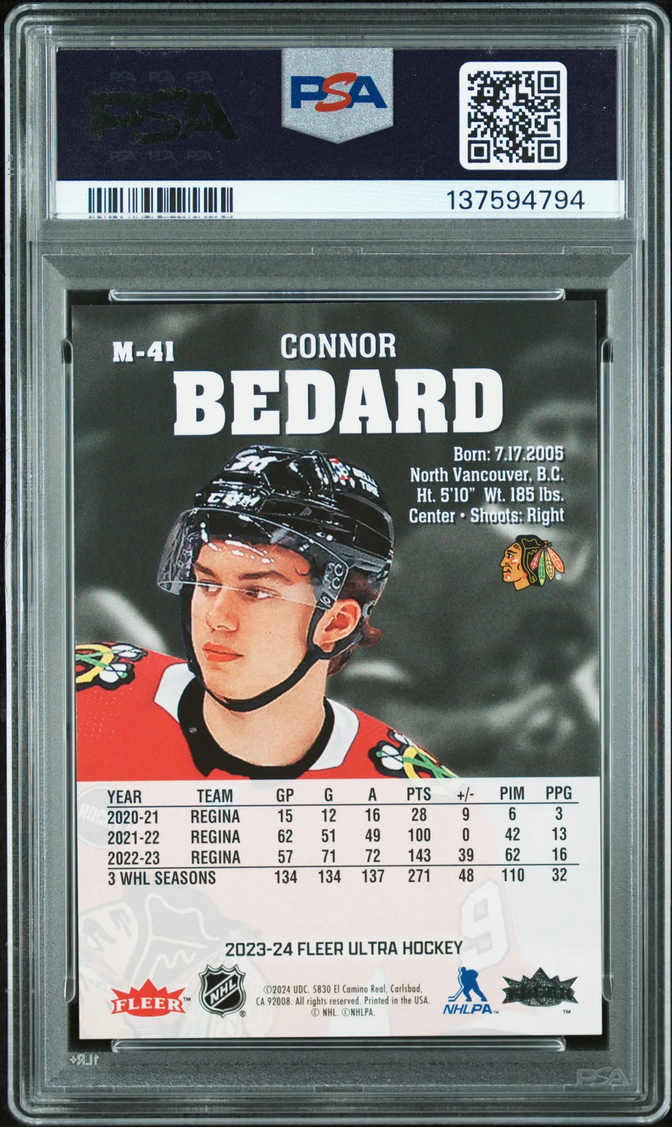 2023-24 Upper Deck Fleer Ultra Medallions Connor Bedard #M41 Rookie PSA 8 view 2