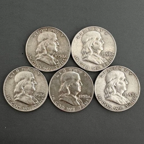 [Lot of 5] 1958 Franklin Half Dollar Coins - 90% Silver