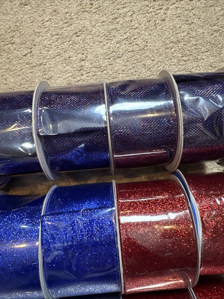 Red, Blue, Silver Glittered Ribbon LOT OF 18,  2 1/2” X 10 Feet  - Image 4 of 4