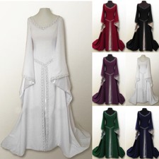 Mujeres Medieval Renacimiento Maxi Vestido Halloween Fiesta Disfraz Manga Acampanada Vestido