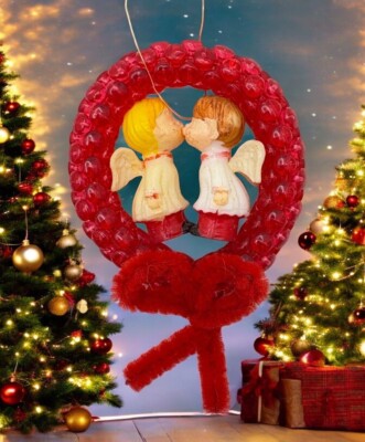 Vintage Kissing Angels Christmas Tree Ornament Red Beaded Handmade