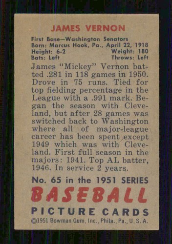 1951 BOWMAN # 65 JAMES VERNON 18187 - Picture 2 of 2