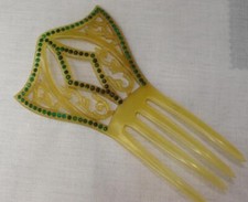 Vintage Deco Scroll Design W Green Rhinestones Hair Comb Accessory