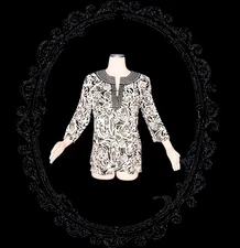 ST TROPEZ WEST Linen Blend Black White PAISLEY Top Shirt Blouse Women's Large