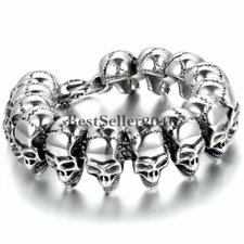 Men Large Heavy Goth Skull Bike Bracelet Stainless Steel Celtic Cross Clasp Cuff