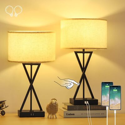 3 Way Dimmable Touch Lamp Set of 2 Bedside Lamp with Dual USB Ports & AC Outlet
