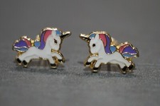 14K Solid Yellow Gold Enamel Unicorn Screw Back Stud Earring.
