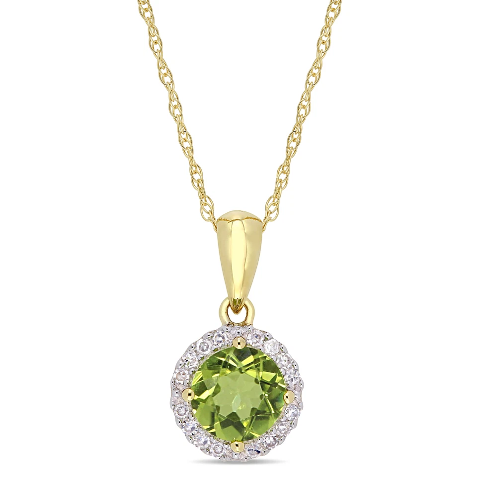 Amour 10k Yellow Gold 3/4CT Peridot and Diamond Halo Pendant With Chain, 17"