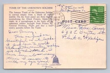 Vintage Tomb of Unknown Soldier Washington DC Linen Cover to Flint Michigan 1945