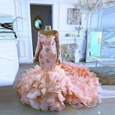Ruffle Bride Pink Wedding Dress Sequin Crystal Bead Ruffle Sweep train Print