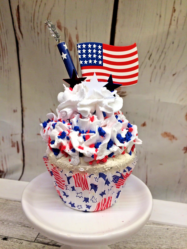 Cute 4th of July Patriotic Themed Fake Whipped Cream CUPCAKE Tiered Tray Decor