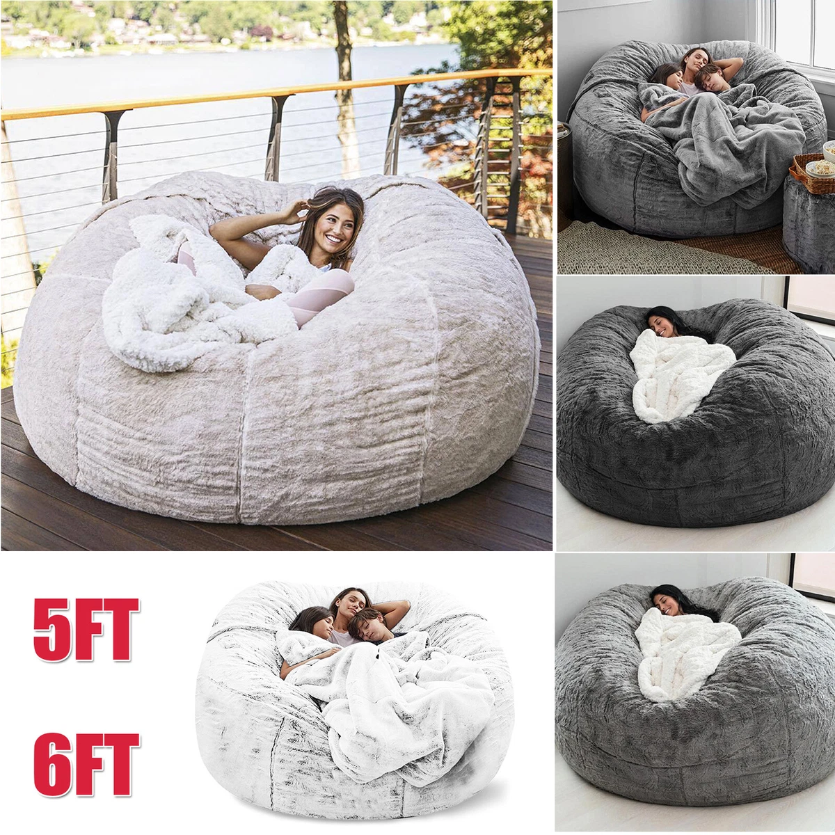 5FT Foam Giant Bean Bag Sofa Memory Living Room Chair Microsuede Soft Cover  US