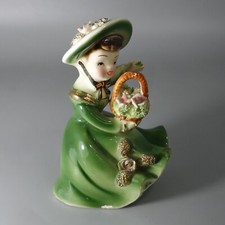 Vintage Victorian Woman In Green Dress With Basket Porcelain Figurine -5" Height