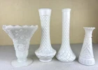 Lot Of 4 Vintage Milk Glass Vases Hoosier Glass Diamond Pattern Grapevine 9”