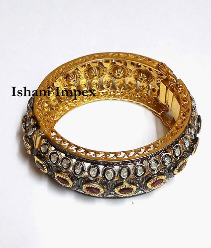 Victorian Natural Diamond & Diamond Polki 925 Sterling Silver Bangle Bracelet - Picture 3 of 7