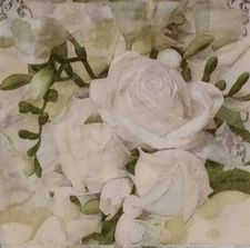 2 Individual Paper Decoupage Beverage Napkins #B38 Ivory Floral Garden Roses