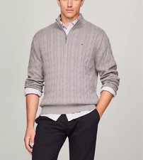  109 Tommy Hilfiger Men  s Cotton Cable Knit Quarter-Zip Sweater Grey Heather M