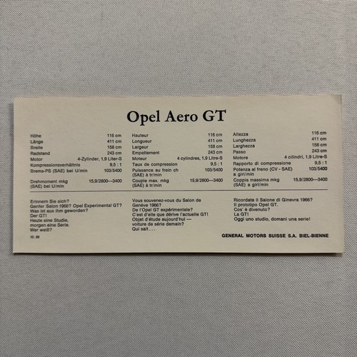 Opel Aero GT Concept Car Advertising Card German Text Vintage 1970 - Picture 2 of 5