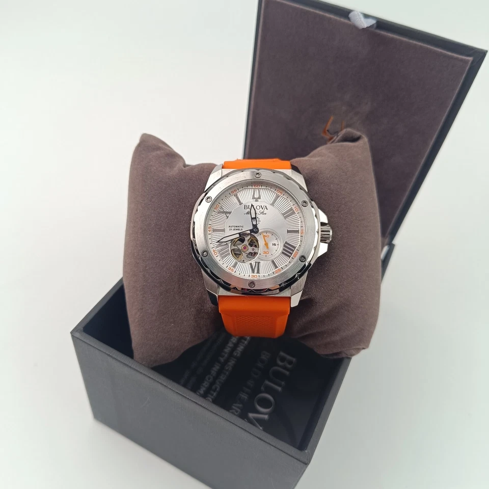Bulova 98A226 Marine Star Automatic Watch White Dial Orange Rubber Strap - Image 3 of 4