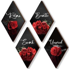 ONIZHITY Set of 4 Red Bathroom Decor Rose Wooden Wall Middle,