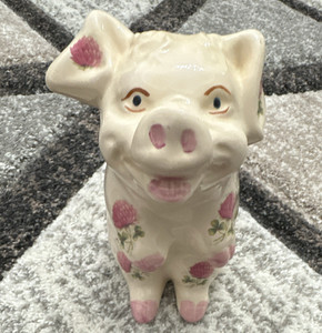 Antique Ceramic Piggy Bank White Pig with Pink Floral Pattern, Coin Slot