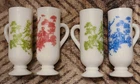 Vintage 4 Avon 5" White Milk Glass Footed Cups , 2 Green, 1 Red 1 & 1 Blue Rare!