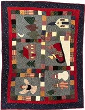 Handmade Christmas Winter Sledding Snowman Angel Chapel Wall Hanging Quilt