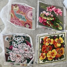Lot of 4 Finished Needlepoint Flowers on Canvas Unframed