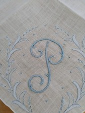 Vgt P Monogram Blue Embroidery White Linen Hankie Handkerchief