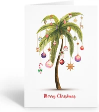 Tropical Christmas Card – Festive Palm Tree Decorated with Ornaments,12-Pack wit