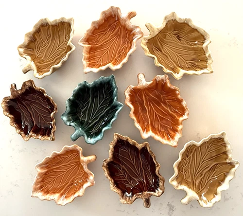 Lot of 9 PRISTINE Vtg HULL pottery OVEN SAFE Fall Leaf trinket dishes