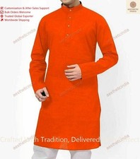 Indian Orange Traditional Solid Art Kurta Mens Cultural Shirt Ethnic