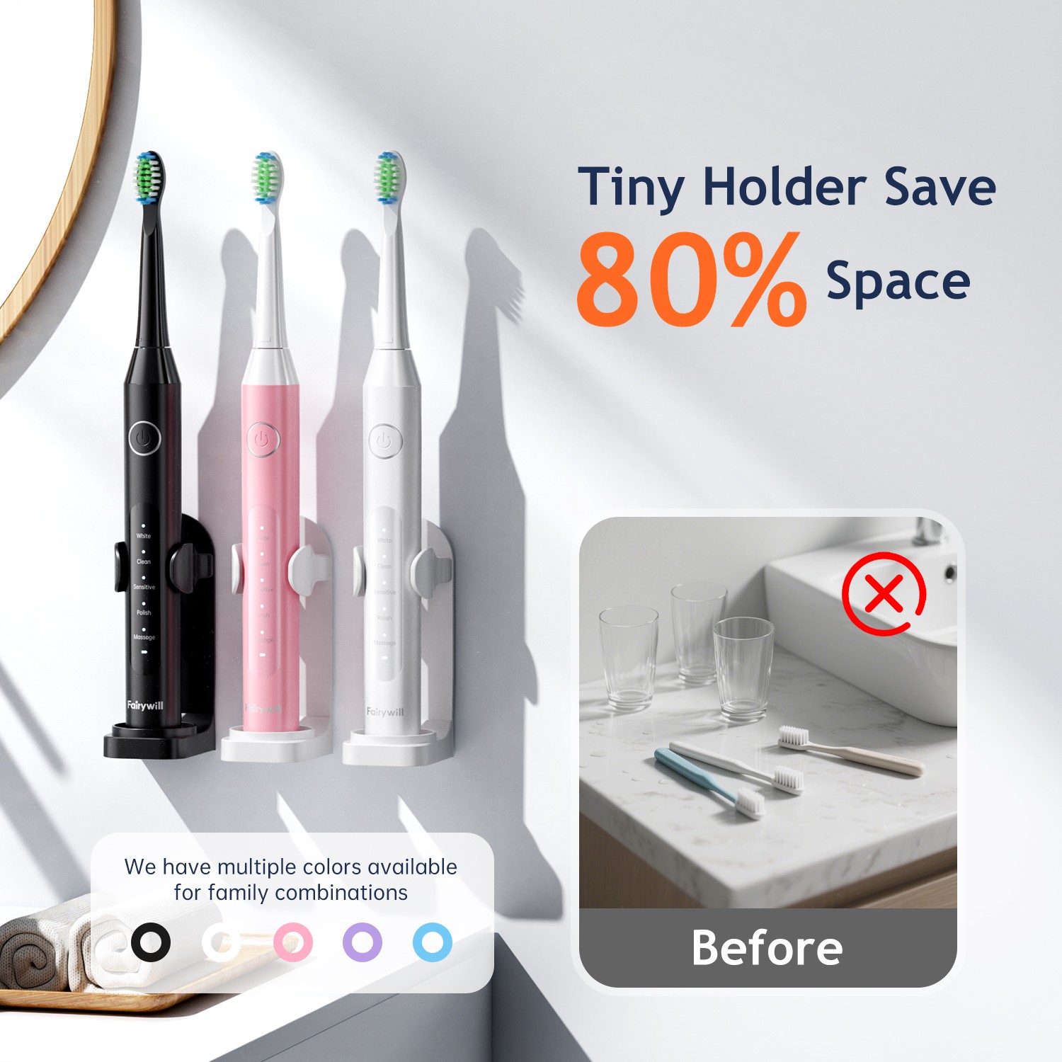 Fairywill Sonic Rechargeable Electric Toothbrush 8 Brush Heads 5 Mode for Travel