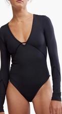 Intimately Free People Deep V Long Sleeve Bodysuit Navy NWOT Women  s S/M