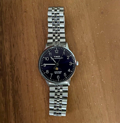 Timex Waterbury MoonPhase Watch Blue Dial Jubilee Silver Bracelet