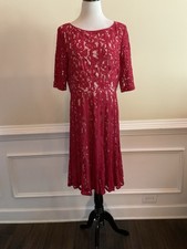 Adrianna Papell Dress Fit Flare Party Dark Red Lace Overlay Nude Base Size 16