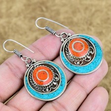 Natural Red Coral Turquoise Earring 925 Sterling Silver Handmade Jewelry SC 5326