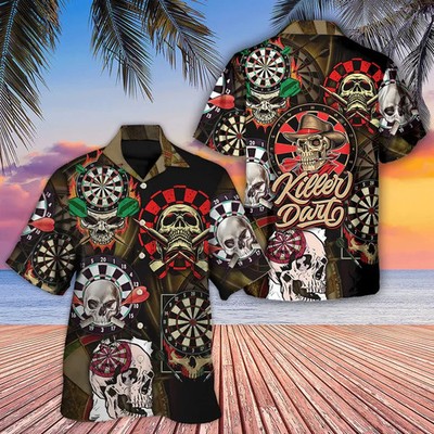 Dart Skull Hawaiian Shirt Killer Darts Game Men's Aloha Button Down