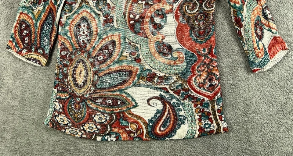 Chicos Tops Mujer Petite XS Boho Paisley Suéter Tejido Top Blusa Manga 3/4 Foto 4 de 4