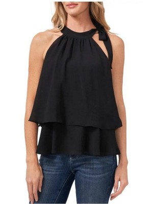 CeCe Black Bow Halter Tie Tiered Ruffle Crinkle Chiffon Sleeveless Blouse S NWT