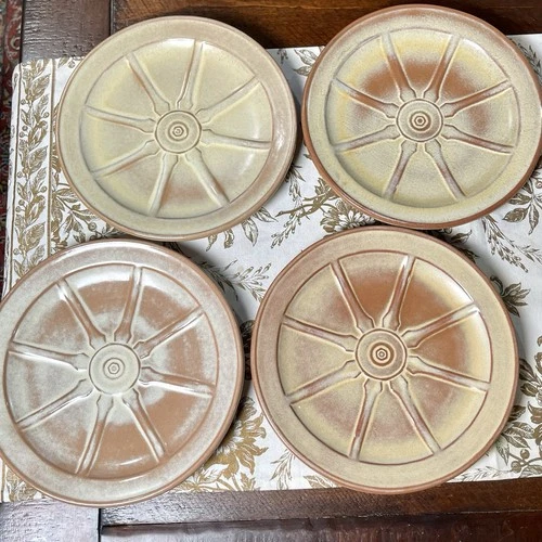 Set Of 4 Frankoma Pottery 94F Desert Gold Wagon Wheel Luncheon Plates 9.25” VTG