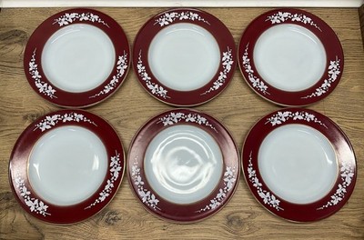 6er Set Vintage JAJ Pyrex Rot Weißdorn Blumen 10'' Große Essteller